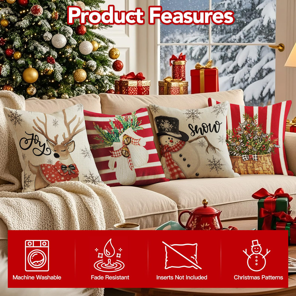 UPOFFICIS Christmas Pillow Covers 18x18 inch Set of 4, Christmas Decorations Cushion Covers, Xmas Pillow Covers, Pillowcases Throw Pillow Covers for Sofa Couch Home Decor