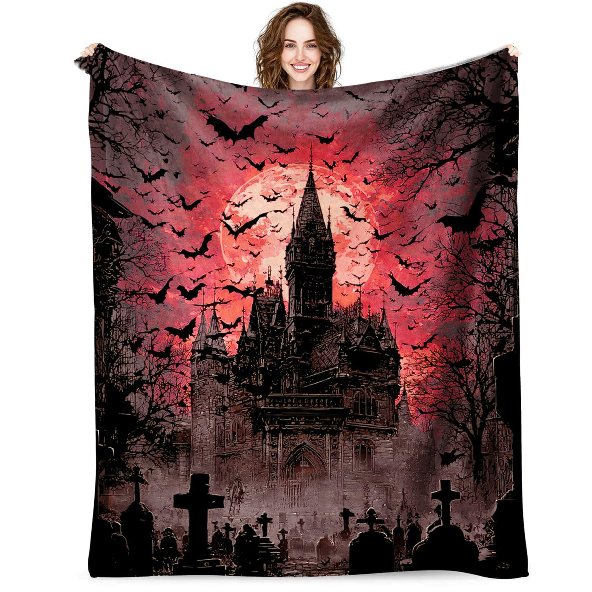 Gothic Blanket for Girls Boys Women Men, Soft Vintage Black Gothic Horror Tombstone Castle Bat Blanket for Kids Adults, Goth Gifts for Halloween, Warm Cozy Plush Fleece Flannel Throw Blankets 50"X40"