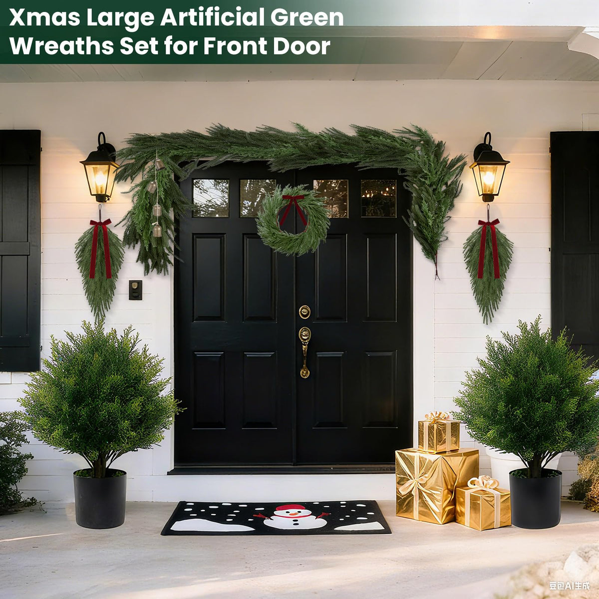 Syhood Christmas Norfolk Pine Garland with 24" Wreath 2 Real to Touch Teardrop Swags and Gold Metal Bells Set, Soft Realistic Artificial and Cedar Greenery for Indoor Outdoor Holiday Decor(Red,6ft)