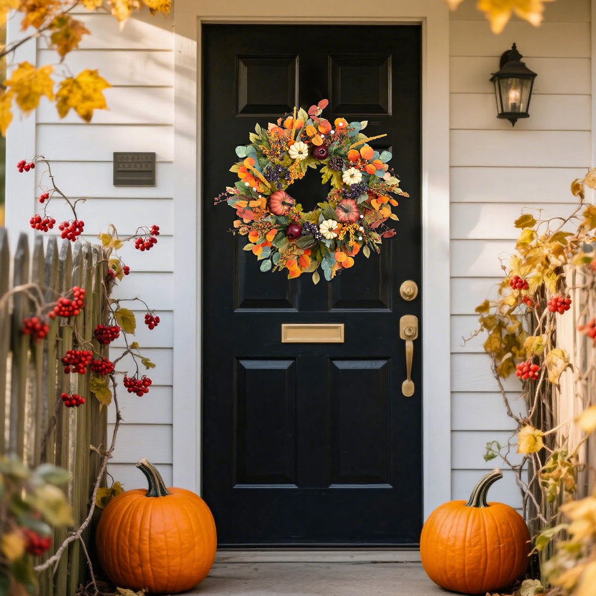 Fall Wreaths for Front Door Outside 24 Inch Autumn Wreath with Pumpkins, Pomegranates, Pinecones, Berries & Leaves – Fall Door Wreath for Outdoor Wreaths for Front Door, Indoor Thanksgiving Decor