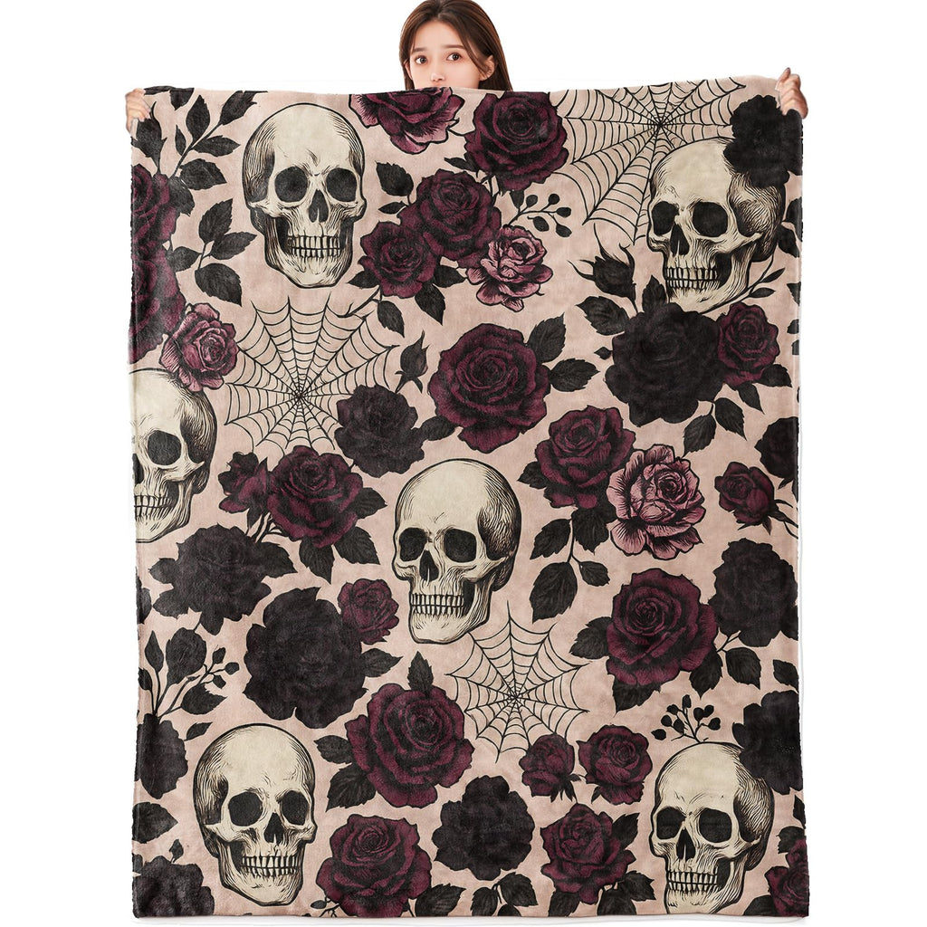 vnlvnl Skull Blanket Lightweight Flannel Blankets Gifts for Adults Gothic Floral with Dark Romantic Rose and Spide Printed Throw for Couch Chair Office Bedroom Halloween Decor, 60x50inch