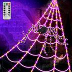 LCHUANG Spider Webs Halloween Decorations Lights - 250 LEDs Outdoor Halloween String Lights with 60" Light Up Spider,8 Modes Remote Control 16.4Ft Spiderweb,Waterproof (Orange+Purple)
