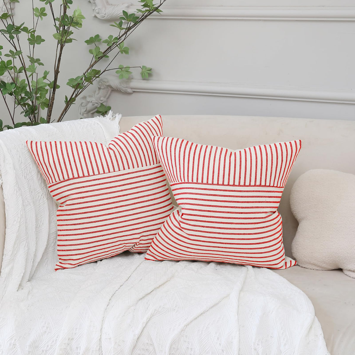 Hckot Christmas Farmhouse Pillow Covers 20x20, Red Throw Pillow Covers Set of 2, Striped Linen Decorative Pillows Cushion Covers for Couch Chair Beding Xmas Winter Decorations(Red)