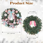 24 inch Pastel Christmas Door Wreath, Candy Cane Pine Wreaths for Front Door with Pink and Blue Ball Pinecones Berries for Fireplace Xmas Decorations, Wall Party Staircase Indoor Outdoor Holiday Decor