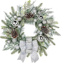 24 inch White Christmas Wreath,Winter Norfolk Pine Wreaths Bows for Front Door with Silver Colored Ball Pinecones Berries for Fireplace Xmas Decorations, Wall Window Indoor Outdoor Decor