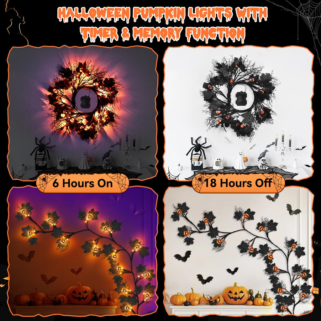 6 FT 54 LED Halloween Lights, 8 Modes & Timer Battery Operated Halloween Pumpkins Lights with Willow Vine Twig Garland, 3D Waterproof Decorations Lights for Home Indoor Wall Fireplace Mantle Party