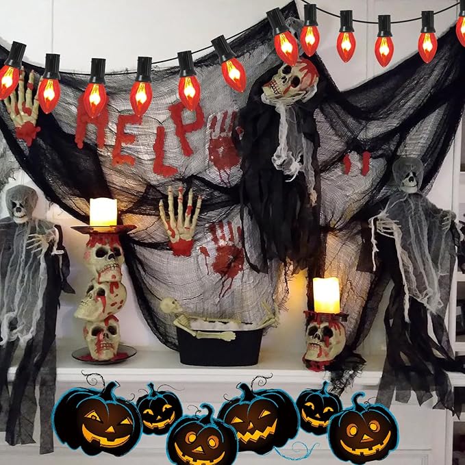 25Ft Halloween Flickering Flame Lights, C7 Orange Halloween Decoration with 27 Clear Flame Bulbs, Waterproof Connectable Patio Lights for Christmas Indoor Outdoor Decor, E12 Candelabra Base