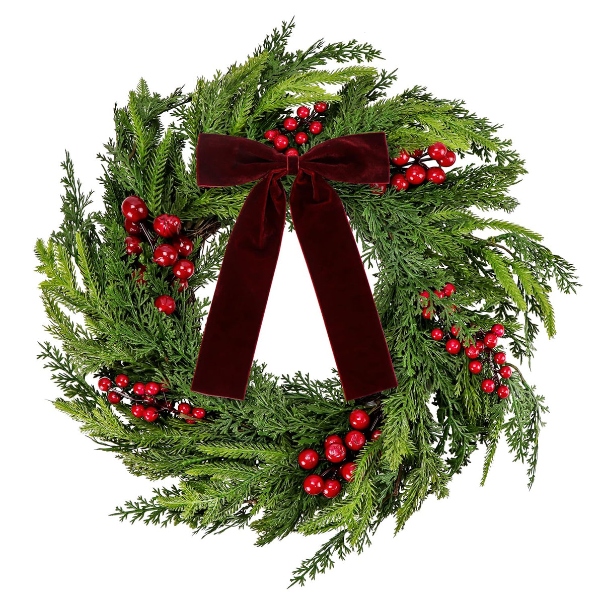 50cm Realistic Norfolk Pine Wreath with Velvet Bow Christmas Faux Cedar Wreaths with Red Berries for Front Door Mantel Window Wall Holiday Winter Indoor Outdoor Home Decoration (Red Berry)