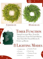 24" Prelit Christmas Wreath for Front Door, Real Touch Norfolk Pine Wreath Thick & Soft Christmas Wreaths with Light, Timer, Norfolk Pine Cypress Leaf Christmas Door Wreath for Home Wall Outdoor Decor