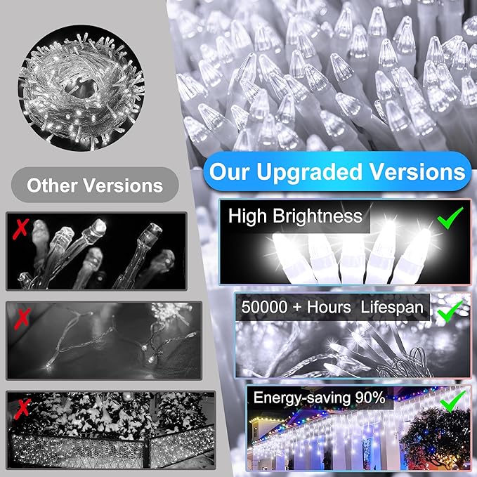 66 FT LED Christmas Lights with 140 Drops, 490 LED Indoor Outdoor Christmas Decorations, 8 Lighting Mode Waterproof Fairy Lights with Timer for Xmas Holiday Wedding Yard Party Cool White