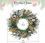20 inch Christmas Door Wreath, Norfolk Pine Wreaths for Front Door with Silver Ball Glittered Leaf Spray Stems Pinecones Berries for Fireplace Xmas Decorations, Wall Window Indoor Outdoor Decor