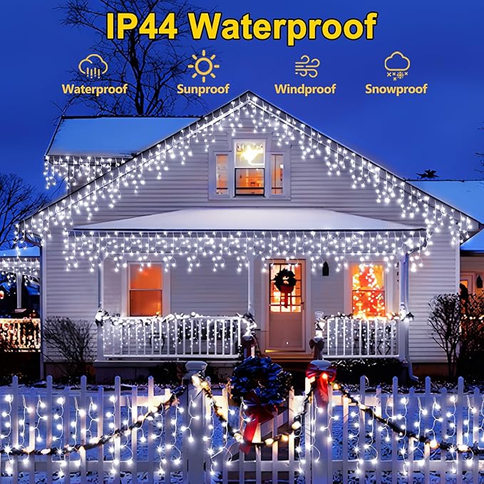50FT 480 LED Christmas Lights Outdoor Decorations with 90 Drops Timer 8Mode Curtain String Lights Waterproof Plug in Fairy Lights for Indoor,Xmas,Party,Patio,Window,Fence,Trees Decor(Cold White)
