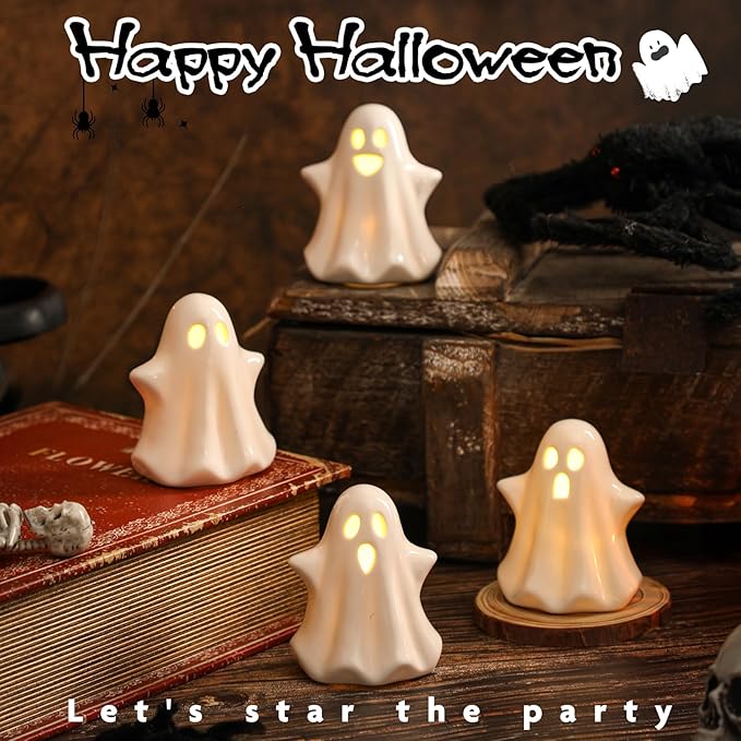 4PCS Ceramic Ghost Light Up Decor, Cute Ghost Halloween Decor, Small White Ghost Figurine Timer Led Ghost Figurines for Desk Tabletop Centerpieces，Halloween Decoration Indoor