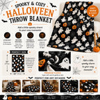 Halloween Fleece Throw Blanket: Jack O Lantern Pumpkins White Ghosts and Spiderwebs on Soft Black Velvet for Sofa, Couch, Chairs and Bed, 50" x 70"