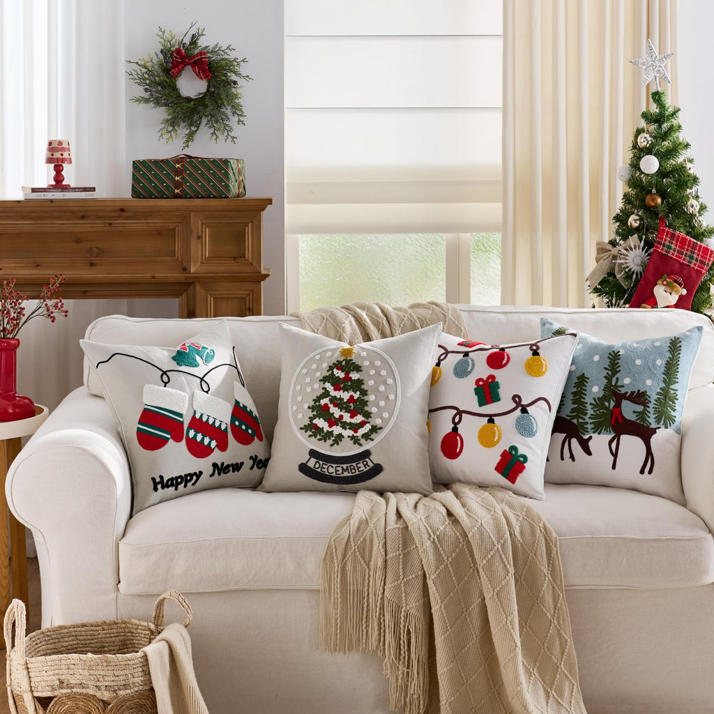 Farmhouse Christmas Pillow Covers 18x18 Set of 2, Xmas Embroidered Throw Cushion Cases with Festive Patterns for Rustic Home Holiday Decor (Gnome Trio White, 18" x 18" (Pack of 2))