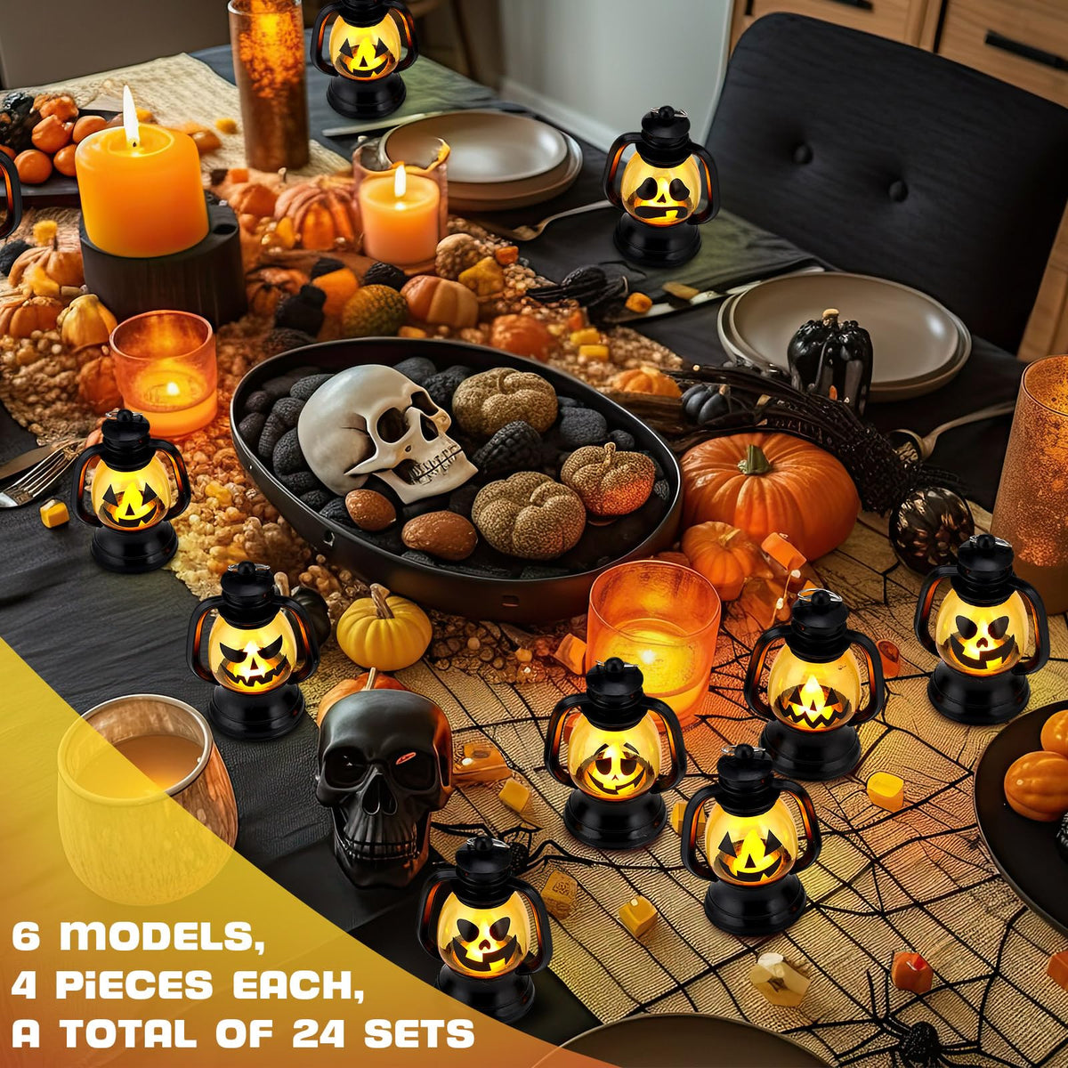 ROCEEI Halloween Mini Pumpkin Lantern 3.54 Inch Jack O Lantern Table Centerpiece Halloween Hanging Decoration Bulk Light up Lamp with Flickering LED Candle for Party Decor Indoor Outdoor(24 Pcs)