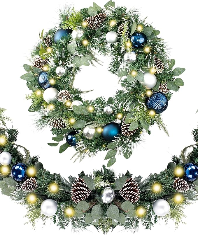 WANNA-CUL Pre-Lit 30 Inch Large Christmas Wreath for Front Door with 50 Led Lights, Silver Blue Lighted Christmas Door Wreath Decor with Ball Ornaments,Pine Cones, Battery Operated