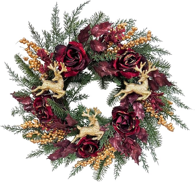 22 Inch Pre-Lit Artificial Christmas Wreath Rose Wreath with Glitter Christmas Deer Reindeers Figurine Decor Berries and Timer for Front Door Window Indoor Outdoor Festive Xmas Holiday