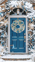 24 inch Christmas Wreath,Winter Pine Wreaths with Blue Ball LED Lights for Front Door for Fireplace Xmas Decorations, Wall Window Indoor Outdoor Decor