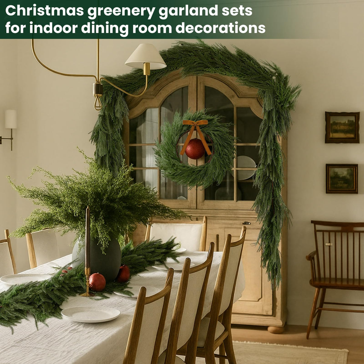 Syhood Christmas Norfolk Pine Garland with 24" Wreath 2 Real to Touch Teardrop Swags and Gold Metal Bells Set, Soft Realistic Artificial and Cedar Greenery for Indoor Outdoor Holiday Decor(Khaki,6ft)