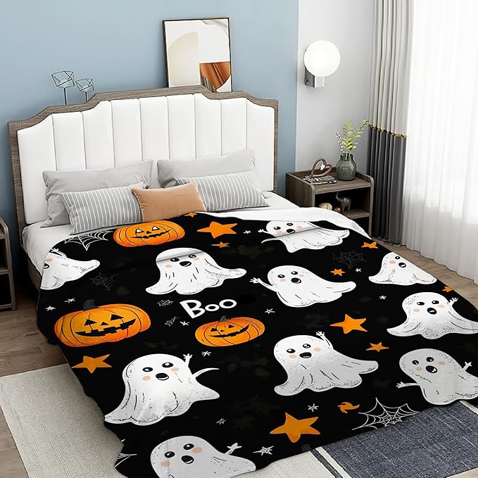Throw Blanket, Halloween Blanket Cartoon Ghost Pumpkin Throw Blankets for Bed Kids Adults, Lightweight Cozy Blanket for Living Room, Bedroom 50"x60"