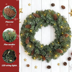 FR Artificial Pre-Lit Fir Christmas Wreath Holiday Accent Decoration, Wintry Pine, Decorated with Pine Cones, with LED Lights Battery Operated for Door, Mantel - 20 Inch
