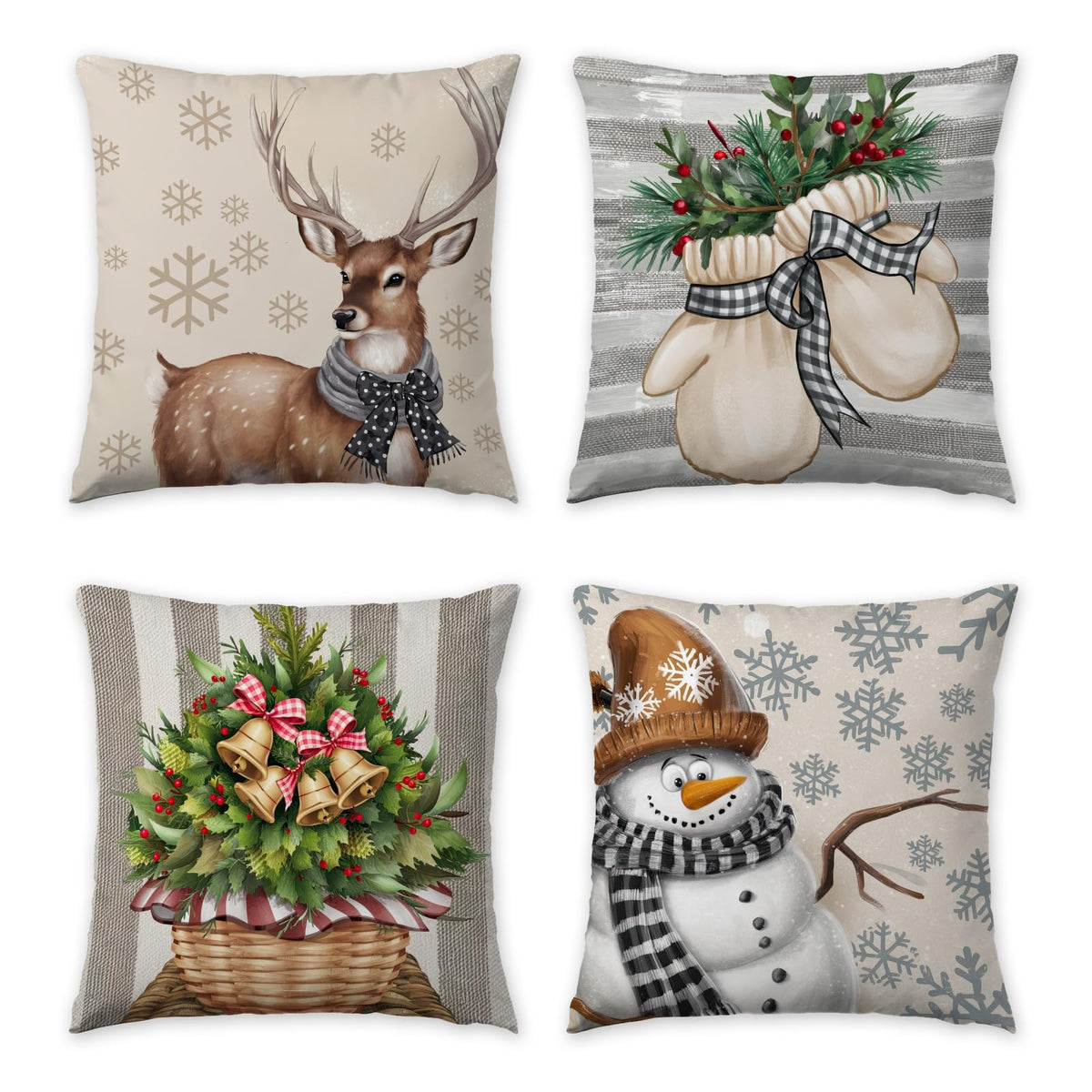 HDVUHKI Christmas Pillow Covers 16x16 inch Set of 4, Holiday Winter Outdoor Vintage Snowflake Xmas Snowman Neutral Farmhouse Seasonal Burlap Reindeer Decorations for Sofa Couch