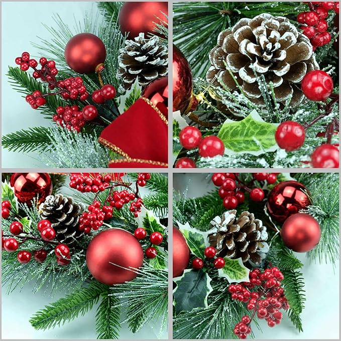 YULETIME 20" Pre-Lit Christmas Wreath, Battery Operated with 10 Fairy Lights Holiday Wreath, Red Bowknot & Baubles, Pine Cones, Red Berries, Green Leaves Holly, Spruce Branches, Pine Needles