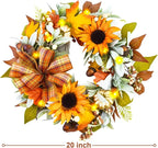 Fall Wreaths for Front Door,Sunflower Autumn Wreath with Lights,Pumpkins and Bows,for Thanksgiving Halloween Farmhouse Indoor Outdoor Outside (Yellow Sunflower)