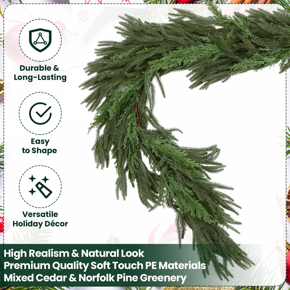 Syhood Christmas Norfolk Pine Garland with 24" Wreath 2 Real to Touch Teardrop Swags and Gold Metal Bells Set, Soft Realistic Artificial and Cedar Greenery for Indoor Outdoor Holiday Decor(Khaki,6ft)