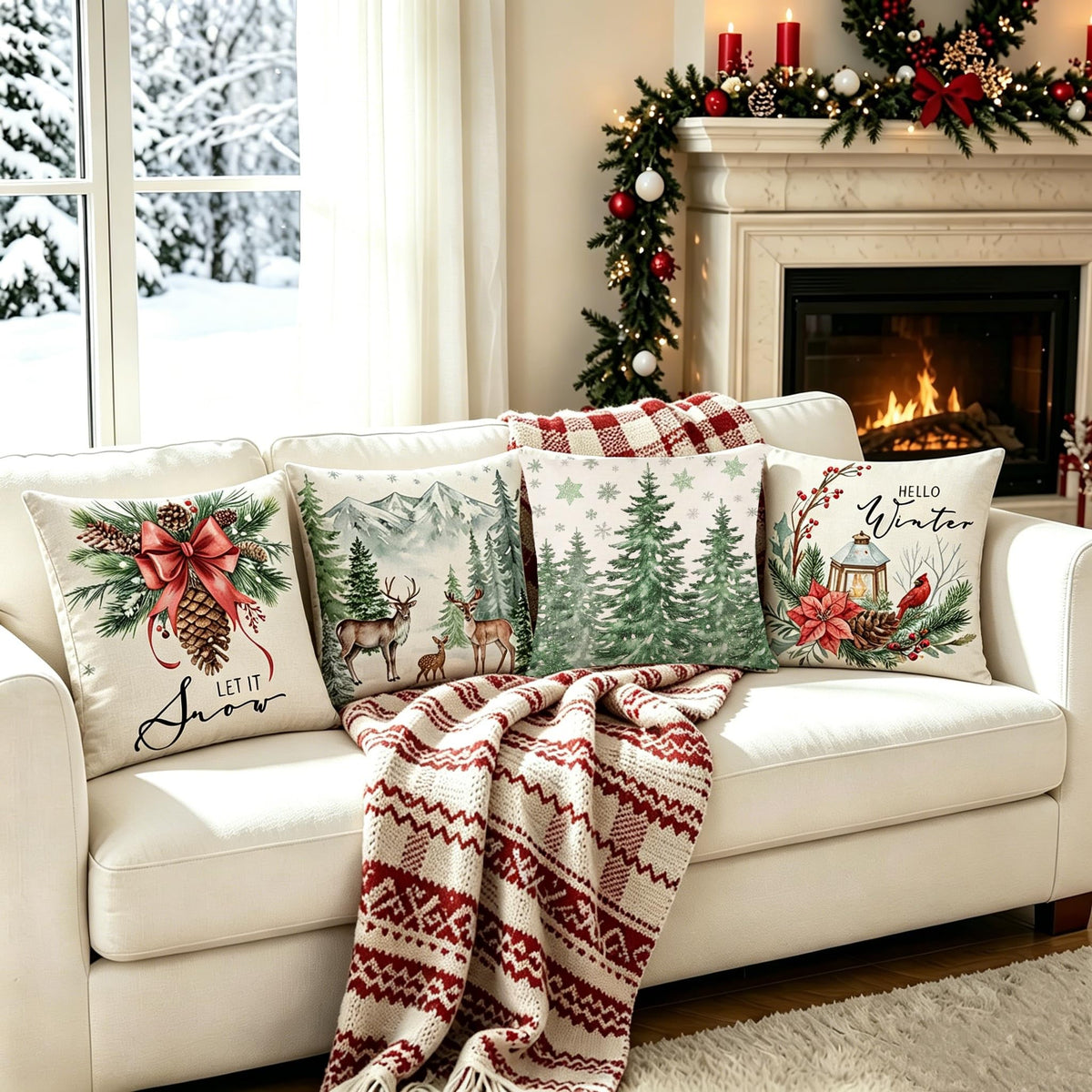 Ni-JASW Woodland Christmas Throw Pillow Covers 18x18 inch Set of 4, Watercolor Pine Tree Deer Let It Snow Cushion Covers for Couch Sofa Bed, Winter Holiday Decor