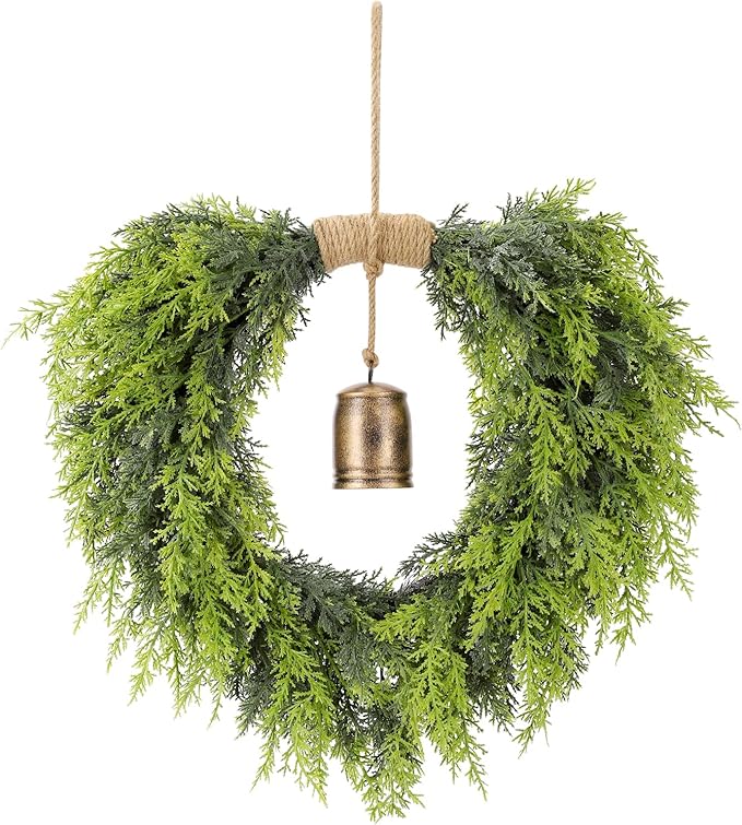 Real Touch Artificial Cedar Wreath 20" with Bell Fake Christmas Wreaths for Front Door Faux Pine Greenery Heart Wreaths for Home,Window,Table,Mantle,Wall,Indoor,Outdoor Xmas Decorations