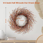 24 Inch Fall Wreath for Front Door with Large Grapevine, Orange Pip Berry Wreath for Fall Door Decor, Autumn Wreaths for Farmhouse Wall Window Home and Halloween Christmas Thanksgiving Decoration