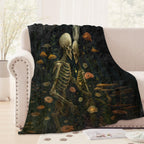 WKEDIN Gothic Lovers Skeleton Blanket,50x60in,Cozy Flannel Throw with Romantic Wildflower Moon Starry Sky Design,Soft Lightweight Gifts Blankets for Adults,Sofa Bed Travel Goth Halloween Boho Decor