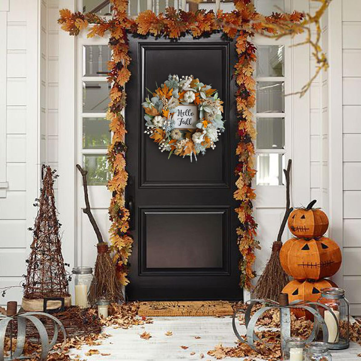 CIR OASES 20inch Thanksgiving Fall Wreath, Eucalyptus Berries Pumpkins Lamb Ears Leaves Autumn Wreaths for Front Door, Fall Decor, Porch Wall, Home Outdoor Holiday Decorations Wreath for Autumn