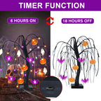 Halloween Table Decorations 18 Inch 36 LED Halloween Willow Tree with Pumpkin Bat Ghost Lights, Timer/USB/Battery Operated Black Halloween Tree Spooky Halloween Decorations Indoor Home Party Room Gift