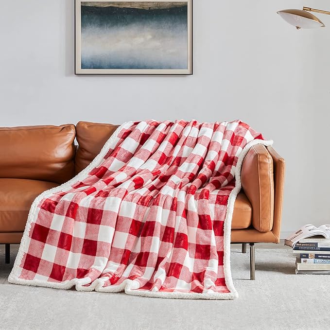 Touchat Sherpa Red and White Buffalo Plaid Christmas Twin Blanket 60" X 70", Fuzzy Fluffy Soft Cozy Blankets, Fleece Flannel Plush Microfiber Throw for Couch Bed Sofa (Red and White)