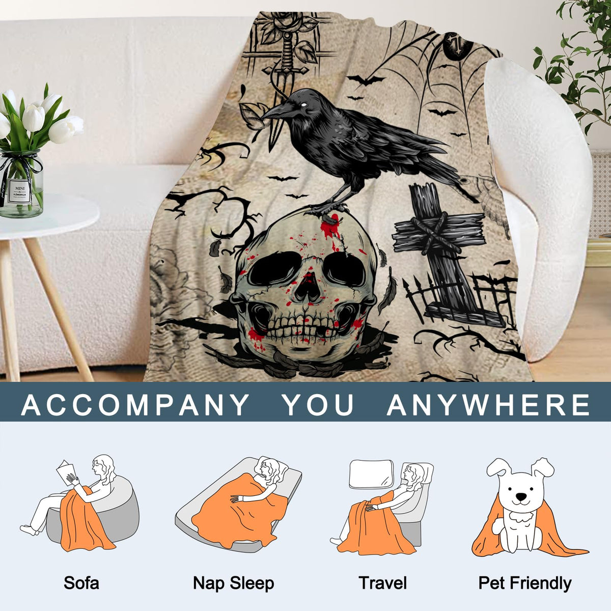 Neatee Living Halloween Throw Blanket Twin XL Vintage Skull Blanket for Women Men Adult Halloween Lightweight Fuzzy Soft Cozy Fleece Blankets and Throws Couch Sofa Bed Decorative Blanket 66x90