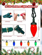 C7 LED Christmas String Lights,26FT Outdoor Christmas Lights with 50 LED Xmas Colorful Warm White Bulbs,Vintage Xmas Lights Outdoor Decorate Tree/Garden/Party/Room
