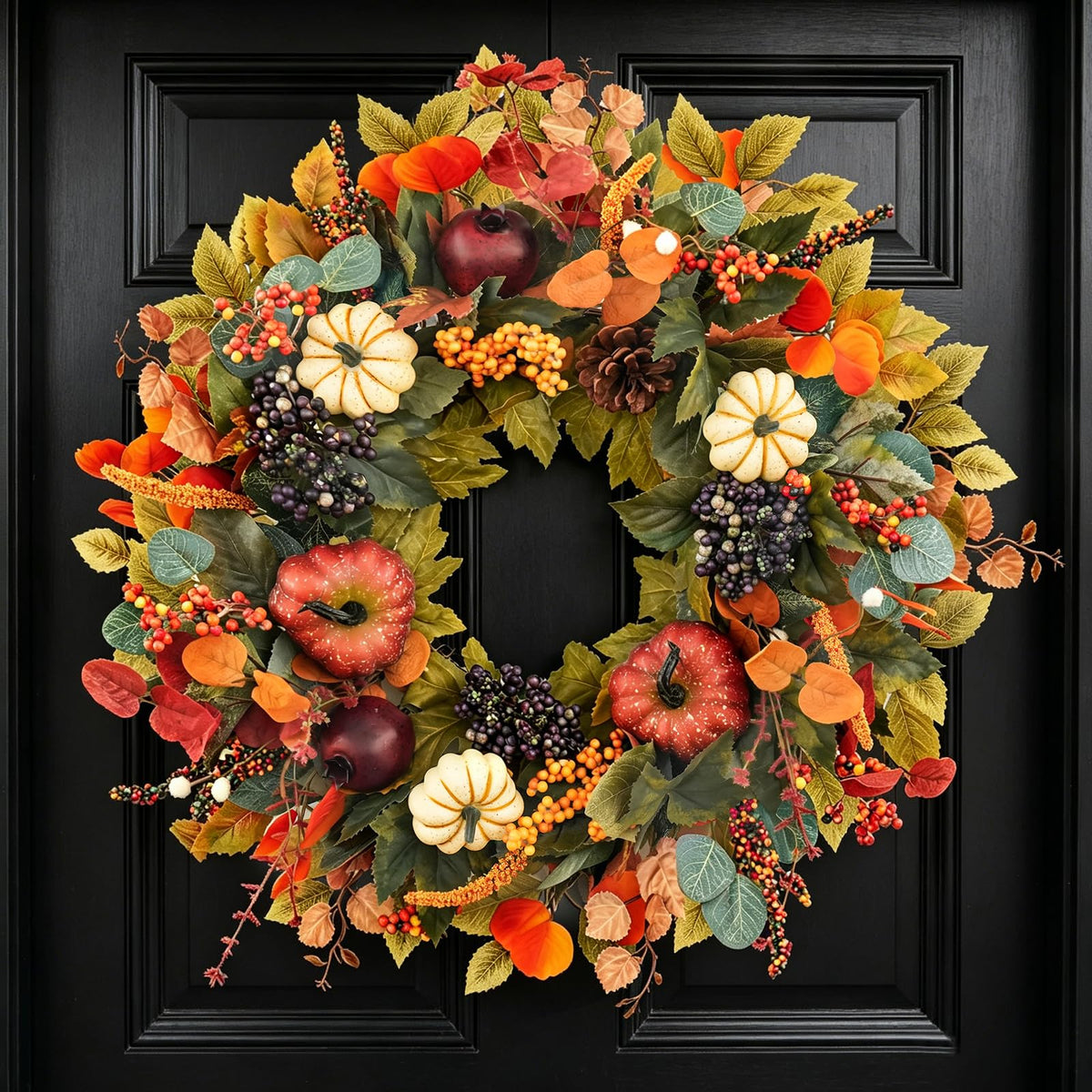 Fall Wreaths for Front Door Outside 24 Inch Autumn Wreath with Pumpkins, Pomegranates, Pinecones, Berries & Leaves – Fall Door Wreath for Outdoor Wreaths for Front Door, Indoor Thanksgiving Decor
