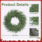 24 Inch Pine Wreath Christmas Wreaths for Front Door, Real Touch Pine Wreath with Red Berries Artificial Green Wreaths for Walls Windows Porches Farmhouse Indoor Outdoor Home Decor