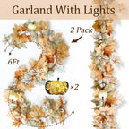 2 Pack Fall Garland Maple Leaf with Lights Fall Decor, 6Ft/Piece Fake Leaves Pumpkin Berry Vine Autumn Foliage Garland for Mantle Fireplace Halloween Thanksgiving Decorations Christmas Home Decor