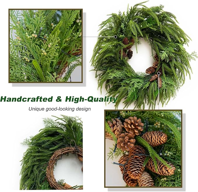 24 Inch Real Touch Norfolk Pine Wreaths for Front Door, Soomeir Artificial Christmas Wreath Green Faux Pine Wreath for Wall Windows Mantle Outdoor Christmas Decoration