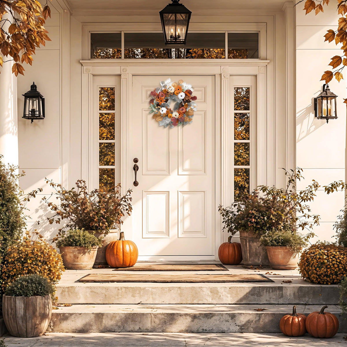 Valery Madelyn Fall Wreath with Lights for Front Door, 18" Autumn Door Wreath with White Pumpkins Silk Maple Leaves, Outdoor Fall Halloween Decorations for Home Porch Thanksgiving Harvest Table Decor
