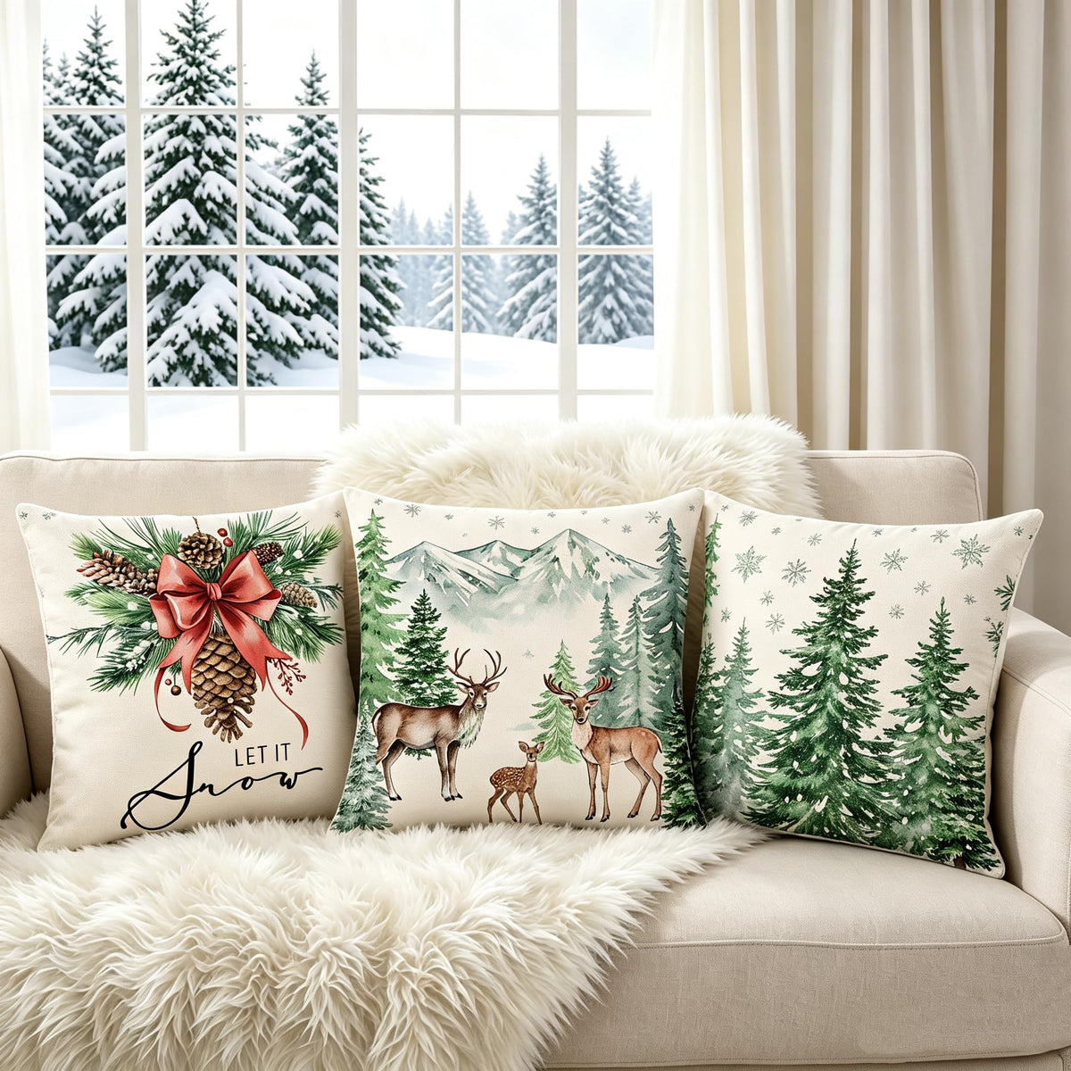 Ni-JASW Woodland Christmas Throw Pillow Covers 18x18 inch Set of 4, Watercolor Pine Tree Deer Let It Snow Cushion Covers for Couch Sofa Bed, Winter Holiday Decor