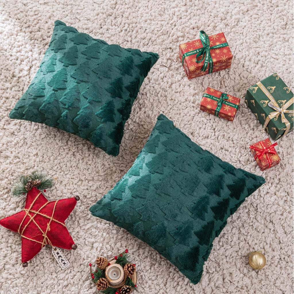 AQOTHES Set of 2 Christmas Tree Green Throw Pillow Covers 18x18 Inch, Soft Faux Fur Green Decorative Xmas Throw Pillows for Couch Sofa Holiday Winter Decor