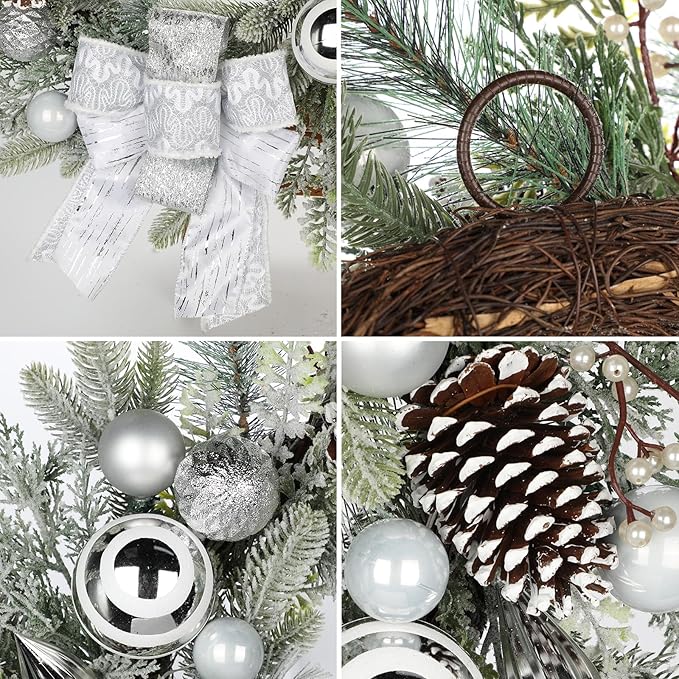 24 inch White Christmas Wreath,Winter Norfolk Pine Wreaths Bows for Front Door with Silver Colored Ball Pinecones Berries for Fireplace Xmas Decorations, Wall Window Indoor Outdoor Decor