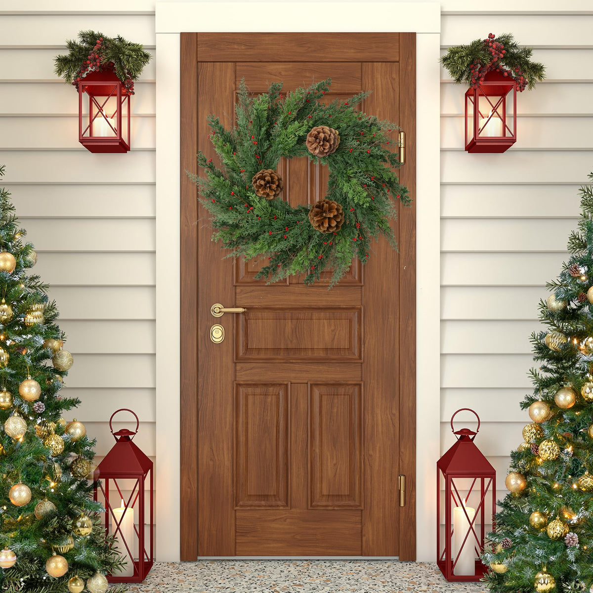 22’’ Real Touch Norfolk Pine Wreath Artificial Christmas Green Cedar Wreath for Front Door with Pinecones Christmas Decorations for Winter Farmhouse Wall Indoor Outdoor Home Holiday Xmas Decor