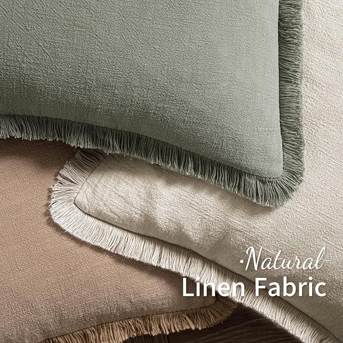 MIULEE Christmas Decorative Throw Pillow Covers Neutral Linen Fringe Fall Throw Pillows Set of 2 Natural Beige Boho Farmhouse Cushion Covers with Tassels for Couch Sofa Bed Home Decor 20x20 Inch