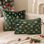 AQOTHES Christmas Tree Green Throw Pillow Covers 18x18inch, Set of 2 Winter Holiday Decorative Faux Fur Fuzzy Pillows Covers with Glitter Printed for Christmas Decor Sofa Couch Home